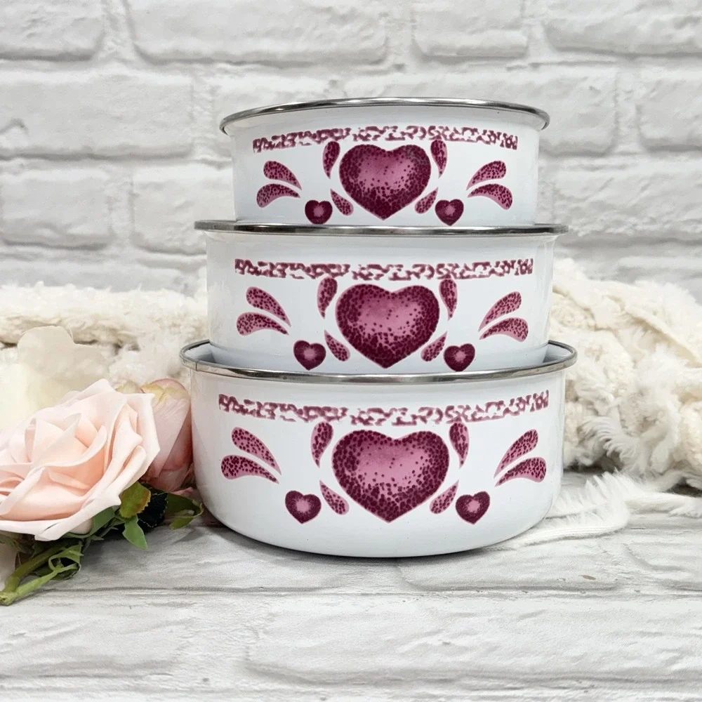 Vtg Pink & White Sponge Heart Enamel Mixing Nesting Bowl Set Of 3 Farmhouse Nice